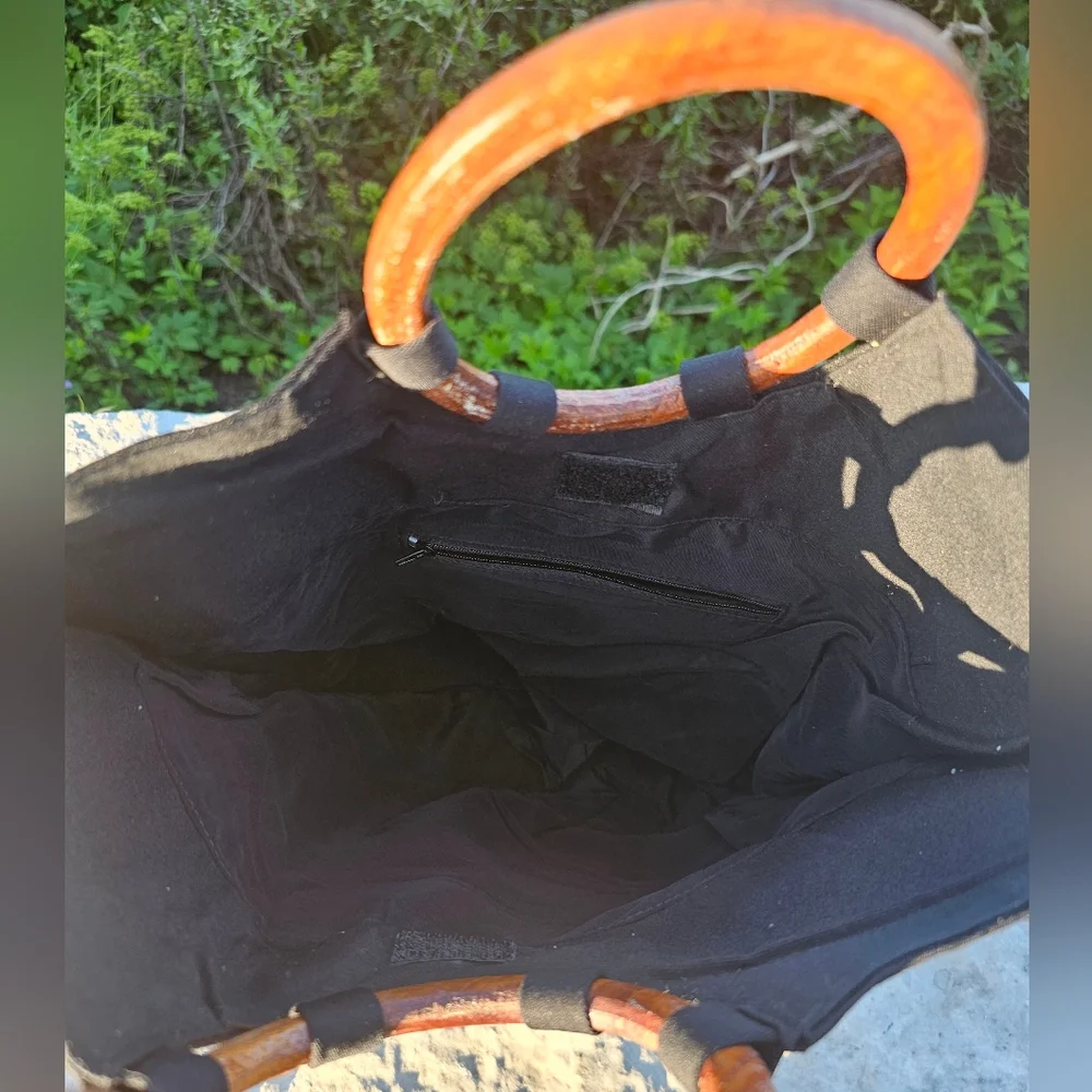 Afrocentric, eclectic, black batik African inspired round wood handle bag